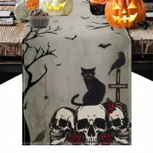 Camino de mesa de Halloween, cráneo retro, gato negro, telaraña, esqueleto de rosa, decoración de mesa de cocina y comedor, mantel de mesa de fantasma de Halloween adecuado para suministros de fiesta en interiores y exteriores, mejores regalos