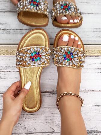 Women's Simple Flat Sandals Comfortable For Vacation Wear, Low Heel Round Toe Strap With Colorful Rhinestones, Plus Size Bohemian Beach Slippers