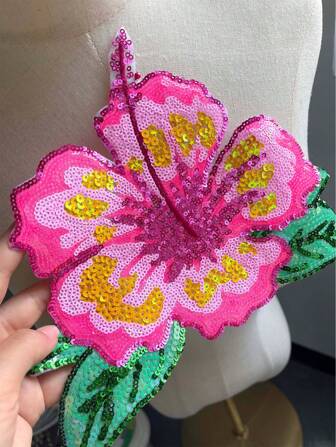 1 Piece Sequins Pink Flower Iron On Sewing On Patches For Clothing Diy Flower Style Bling Glitter Patches Skirt Applique Summer, School