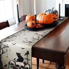 Camino de mesa de Halloween, cráneo retro, gato negro, telaraña, esqueleto de rosa, decoración de mesa de cocina y comedor, mantel de mesa de fantasma de Halloween adecuado para suministros de fiesta en interiores y exteriores, mejores regalos