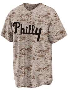 Aangepaste naam en nummer Boyfriend Style Heren Borduurwerk Baseball Jersey Philadelphia Camouflage V-hals Gepersonaliseerde Korte Mouw Overhemden Met Knoopsluiting Party Games Training Sport Tops S-Xxl