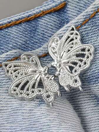 2pcs Rhinestone Collection Detachable Button Waist Cinch Clip, Metal Hook & Eye Closure For Jeans, Butterfly Shape School
