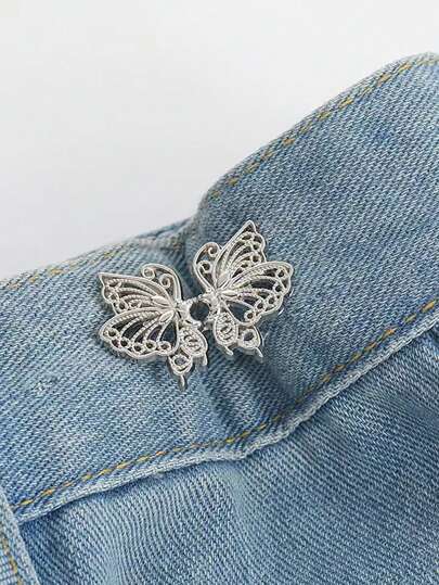 2pcs Rhinestone Collection Detachable Button Waist Cinch Clip, Metal Hook & Eye Closure For Jeans, Butterfly Shape School