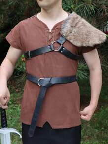 男士中古世紀維京毛皮披肩，野蠻肩頸披巾斗篷，配胸帶毛皮披肩，維京風格