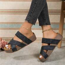 Women Sandals New Thick Bottom Braided Cross Casual Solid Color Slippers Beach Sandals - Màu đen mờ - Xem 4