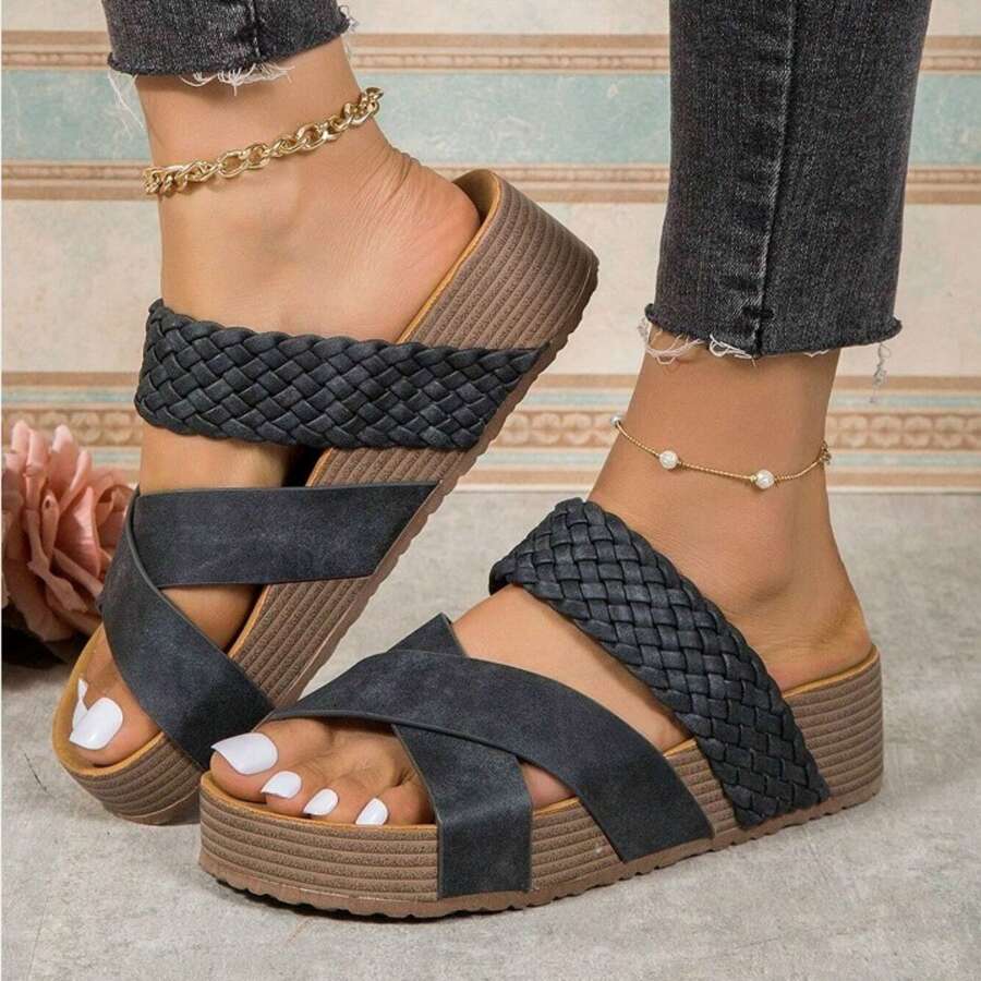 Women Sandals New Thick Bottom Braided Cross Casual Solid Color Slippers Beach Sandals - Màu đen mờ - Xem 1