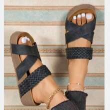 Women Sandals New Thick Bottom Braided Cross Casual Solid Color Slippers Beach Sandals - Màu đen mờ - Xem 3