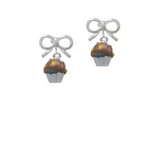 Delight Jewelry 3-D Brown Cupcake With Sprinkles Crystal Clip On Earrings - 銀色弓 - 查看 2