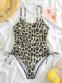 Women's One-Piece Swimsuit With Adjustable Shoulder Strap And Leopard Print Drawstring For Summer - Multicolor - View 3