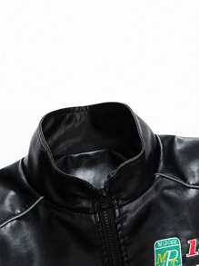 男士长袖印花PU皮夹克，适合秋季，朋克风 - 黑色 - 查看 3