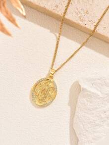 1pc 18K Gold Plated Stainless Steel Pendant Necklace, Cubic Zirconia Oval Mary Design, Minimalist Elegant Classic Fashion Casual Style, Suitable For Valentine's Day, Eid, Holidays, Daily, Party Wear, Great Gift Choice (OPP Bag Packaging Box For Photoshoot Only),Mom,Mother,Mother's Day,Gift