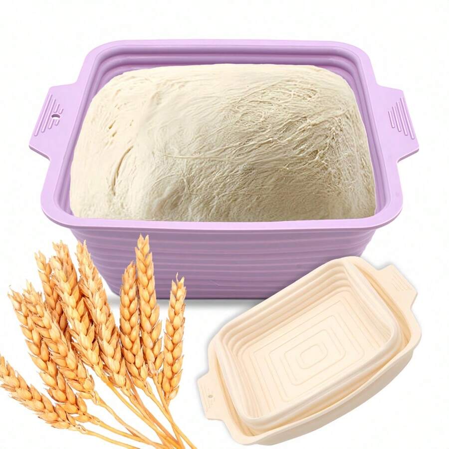 Square Bread Fermentation Basket, Silicone Sour Dough Bread Baking Supplies, 4-Piece Folding Protective Bowl With Brush Scraper Set, Suitable For Yeast Bread, 8.1-Inch Square Bread Making Tools And Starter Kit. - Multicolor - View 1