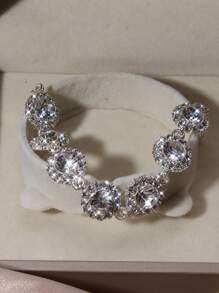 1 Pc Sparkling Round Rhinestones Inlaid Bracelet Zinc Alloy Jewelry Elegant Luxury Style For Women Wedding Hand Chain - Silver - View 6