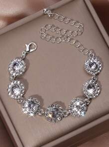 1 Pc Sparkling Round Rhinestones Inlaid Bracelet Zinc Alloy Jewelry Elegant Luxury Style For Women Wedding Hand Chain - Silver - View 5