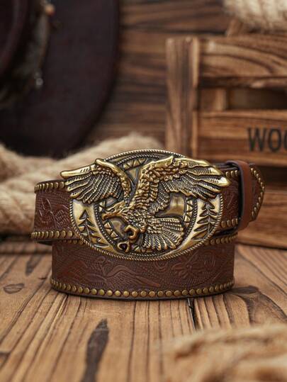 1条男士西部鹰形PU皮带（带打孔器），适合夏季、秋季、万圣节、休闲、商务、街头、波西米亚风、西部风、户外等场合，是送给男士、丈夫、男友、父亲、爸爸或圣诞节的理想礼物。