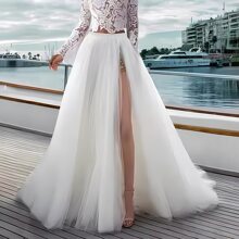 1 Stück offener Schlitz Netzrock, Damen 2024 neuer Frühling & Sommer Hoch Taille abnehmbare Schwanz Strandkleid, leicht und transparent
