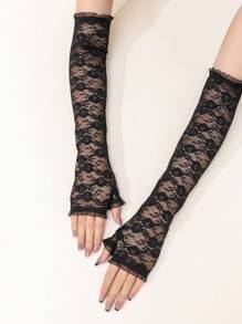 1 par de elegantes mangas largas sin dedos de encaje y malla para mujer, protección solar