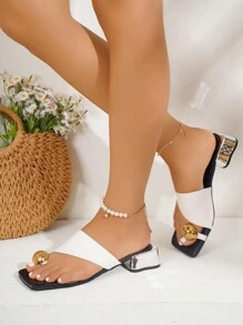 女士金属圆扣法式优雅粗跟拖鞋，露趾正装拖鞋 - 白色 - 查看 5