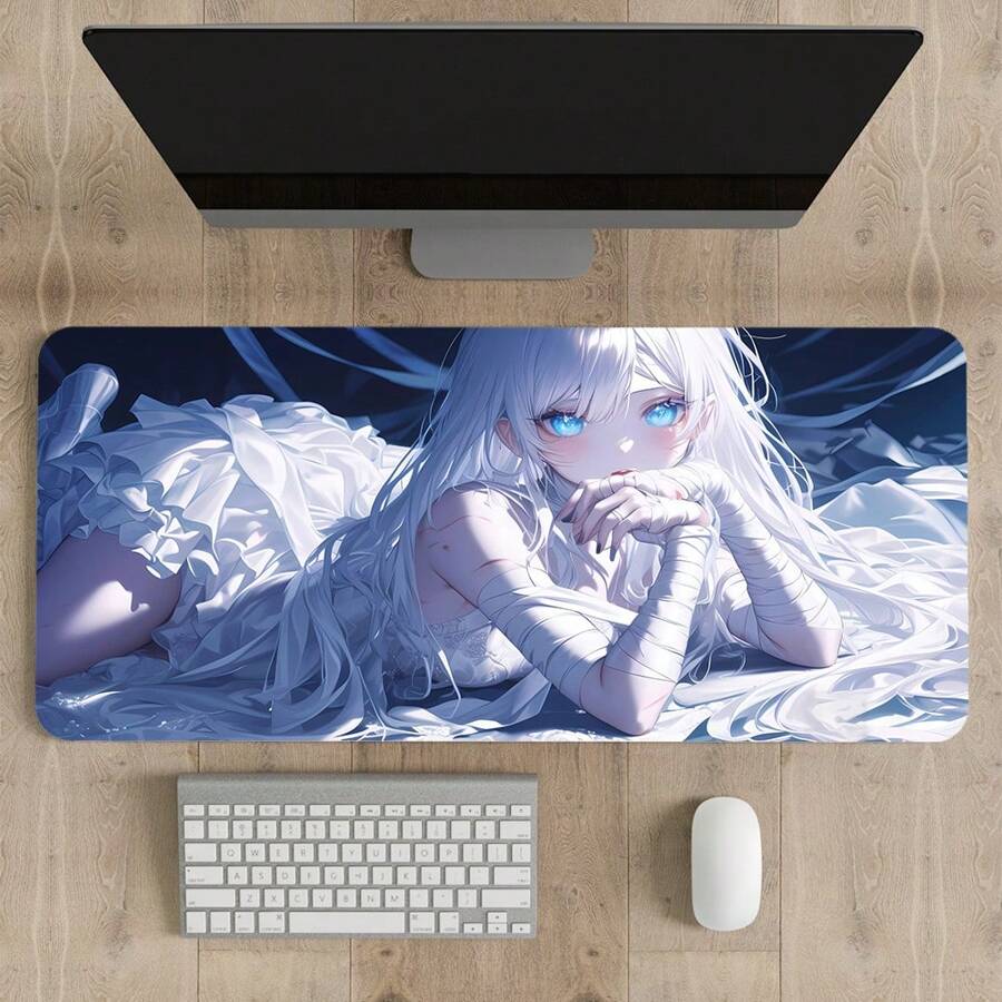 1 Tấm lót chuột chơi game dành cho cô gái tóc trắng Bàn di chuột Anime mở rộng, Tấm lót bàn lớn có đế chống trượt, Thảm bàn phím đầy đủ với các cạnh được khâu để chơi game và văn phòng - màu sắc - Xem 1