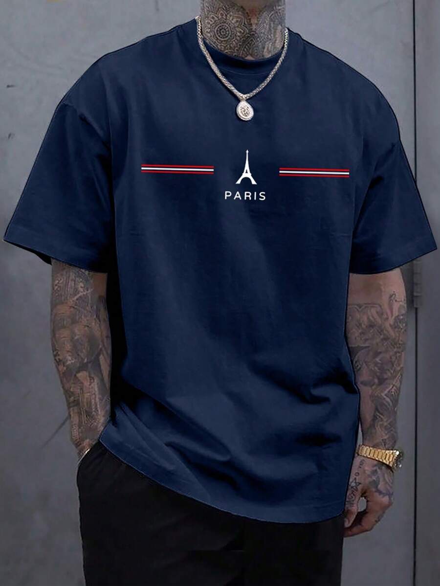 Men's PARIS TOWER T-Shirt 100% Cotton Short Sleeve Round Neck Summer - Màu xanh hải quân - Xem 1