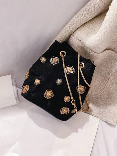 1pc Round Buckle Polyester Magnetic Closure Chain Decor Bucket Shoulder Bag For Women's Daily Use