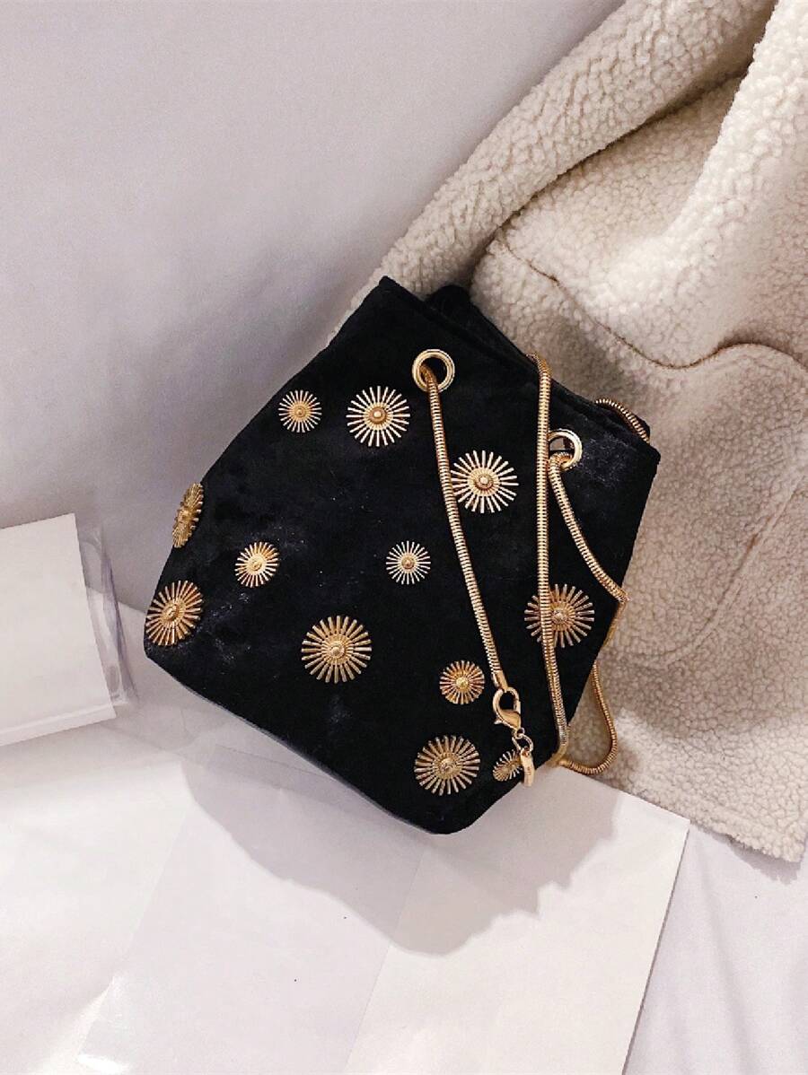 1pc Round Buckle Polyester Magnetic Closure Chain Decor Bucket Shoulder Bag For Women's Daily Use - Black - View 1