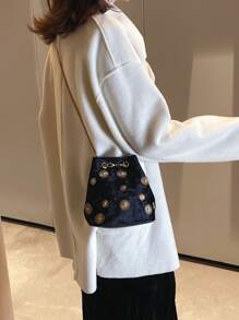 1pc Round Buckle Polyester Magnetic Closure Chain Decor Bucket Shoulder Bag For Women's Daily Use - Black - View 4