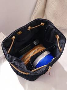 1pc Round Buckle Polyester Magnetic Closure Chain Decor Bucket Shoulder Bag For Women's Daily Use - Black - View 7