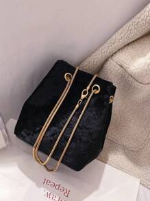 1pc Round Buckle Polyester Magnetic Closure Chain Decor Bucket Shoulder Bag For Women's Daily Use - Black - View 5