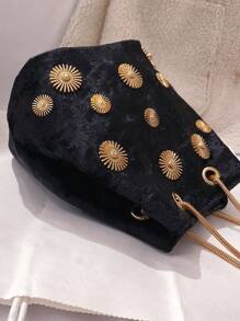 1pc Round Buckle Polyester Magnetic Closure Chain Decor Bucket Shoulder Bag For Women's Daily Use - Black - View 6