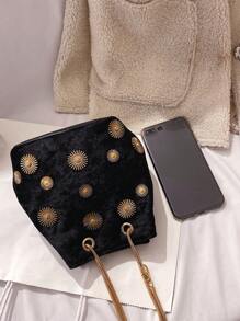 1pc Round Buckle Polyester Magnetic Closure Chain Decor Bucket Shoulder Bag For Women's Daily Use - Black - View 3