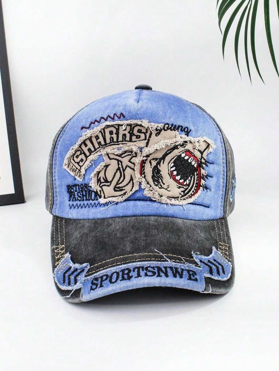 男士字母&鯊魚刺繡棒球帽街頭風 - 藍色 - 查看 1