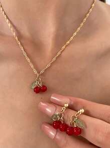 Bộ 3 Vòng Cổ Và Bông Tai Màu Đỏ Anh Đào, Bộ Trang Sức Chuỗi Xương Đòn Đơn Giản Và Thanh Lịch Dành Cho Nữ - Đỏ - Xem 1