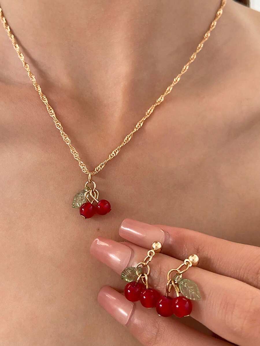 Bộ 3 Vòng Cổ Và Bông Tai Màu Đỏ Anh Đào, Bộ Trang Sức Chuỗi Xương Đòn Đơn Giản Và Thanh Lịch Dành Cho Nữ - Đỏ - Xem 1