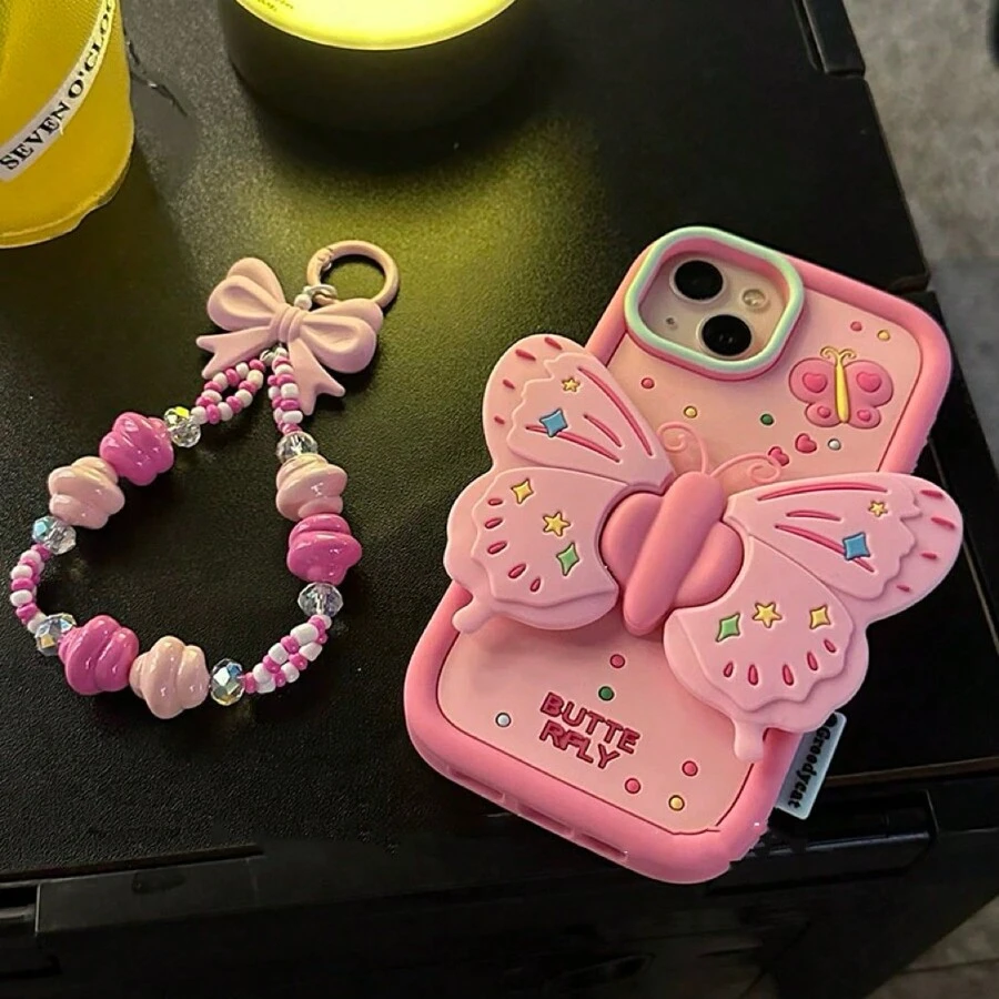 Funda de teléfono con colgante de 3D lindo mariposa rosa, compatible con iPhone 14, compatible con Apple 12 Pro Max/11/13 Funda de silicona, femenina a prueba de agua, a prueba de golpes y resistente a arañazos - Rosa - Ver 1