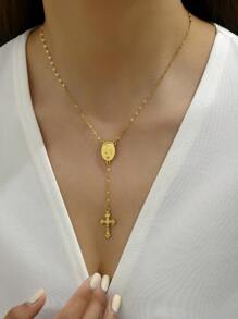 LIEBEIRIS 1pc 18k Gold Plated Stainless Steel Virgin Mary Cross Pendant Women's Necklace - Yellow Gold - View 3