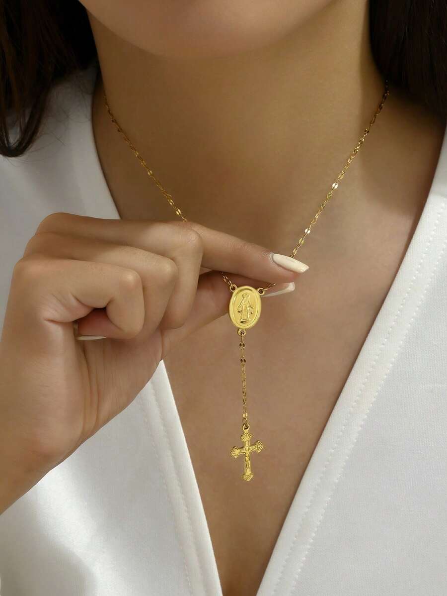LIEBEIRIS 1pc 18k Gold Plated Stainless Steel Virgin Mary Cross Pendant Women's Necklace - Yellow Gold - View 1