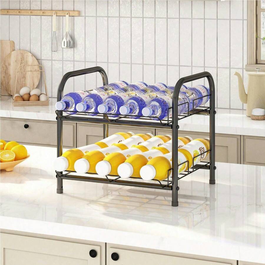 Water Bottle Storage Rack,Metal Beverage Can Rack,Large Capacity Bottled Rack Water Bottle Holder Stand For Cabinet,Countertop Kitchen,Party,Black - 2層 - 查看 1