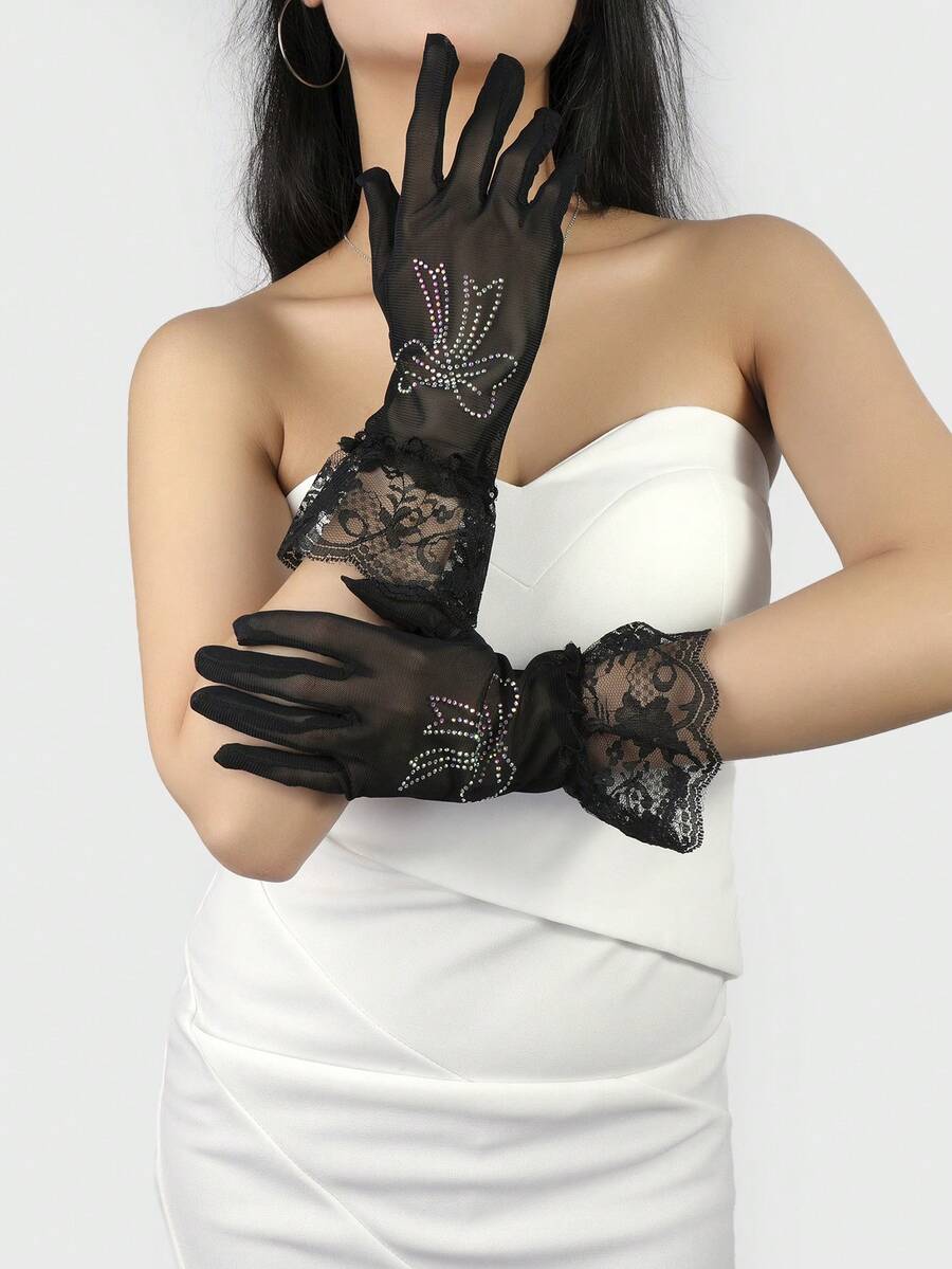 1 件女式复古蕾丝荷叶边蝴蝶结水钻手套,黑色网眼透明弹力新娘婚礼手套,春夏防紫外线 - 黑色 - 查看 1