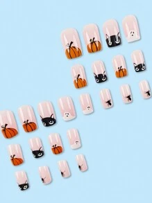 Juego de 24 uñas postizas cuadradas estilo presionar, con diseños sencillos y dulces de color rosa, lindos fantasmas calabaza y gatitos de dibujos animados, adecuado para estudiantes, damas de oficina, fiestas, festivales y uso diario. - Multicolor - Ver 2