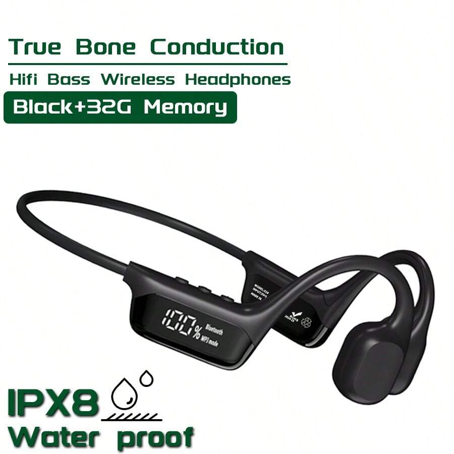 VAORLO 骨传导耳机，蓝牙5.4立体声低音无线耳机，IPX8级防水，游泳潜水皆可使用，内置32GB MP3播放器，HiFi立体声耳机带麦克风，LED数字显示屏，适合运动、游泳、骑行等场景，兼容所有智能手机