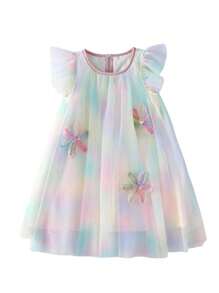 Young Girl 1pc BSand-Colored Rainbow Ombre Flared Dress With Puff Sleeves And 3D Flower Accents, Tulle Princess Dress
