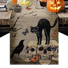 Camino de mesa de Halloween, cráneo retro, gato negro, telaraña, esqueleto de rosa, decoración de mesa de cocina y comedor, mantel de mesa de fantasma de Halloween adecuado para suministros de fiesta en interiores y exteriores, mejores regalos