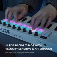 New Arrival M-VAVE SMK-25 II 2nd Generation MIDI Keyboard With 25 Keys, 8 Assignable Encoders, 16 RGB Backlights, Wireless MIDI Output Function, 5 OCT+, OCT-, Velocity Sensitivity And Glide Function, Octave Capacitive Touch Strip, Compatible With WINDOWS, IOS, Android, 2000mAh Battery. - Black - View 3