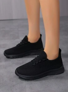 New Black Mesh Lightweight Comfortable Soft-Sole Women's Casual Shoes, Ladies' Athletic Shoes, Solid Black Work Shoes, Flat Travel Shoes, Casual Sneakers Athletic Shoes, Lace-Up Black Shoes - Black - View 4