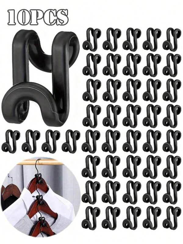 10pcs Black Hangers With Hooks & Connectors, Space Saving Closet Organizer For Bedroom Wardrobe