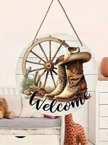 1 件/2 件 20x20 厘米圆形木质迎宾牛仔靴图案墙饰，家居装饰挂件，适用于卧室、客厅、走廊 - 棕色 - 查看 5