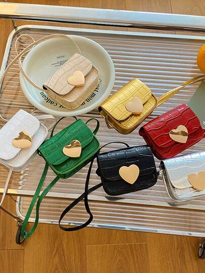 心形时尚女童单肩包，PU皮革小方斜挎包及零钱包