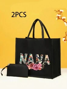 2入組字母印花手提包，適用於工作、學生、假期、旅行、休閒旅遊，大容量，方便收納，輕巧包袋，時尚百搭