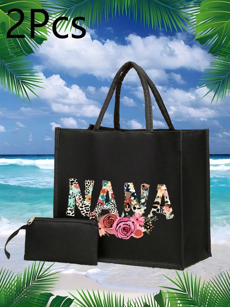 2入組字母印花手提包，適用於工作、學生、假期、旅行、休閒旅遊，大容量，方便收納，輕巧包袋，時尚百搭